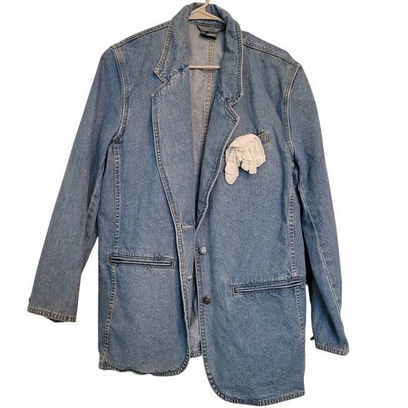 Lizwear Vintage Blazer 8 Blue Denim 100% Coton Long Sleeves Pockets 2-Button - Picture 1 of 7